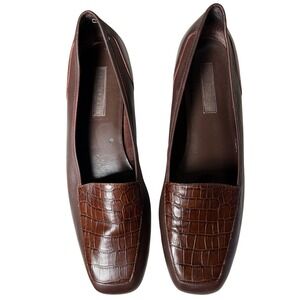 Enzo Angiolini Brown Leather Croc Embossed High Vamp Loafers Women's 10.5N